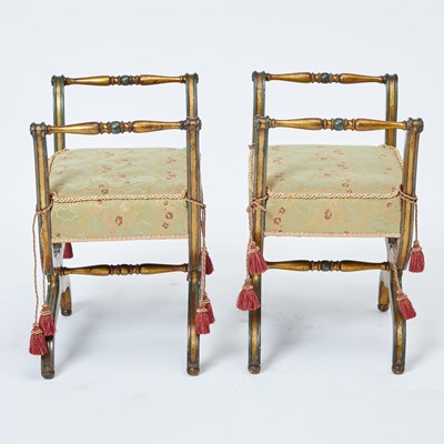 Lot 282 - Pair of Louis XVI Style Upholstered Painted and Parcel Gilt Benches