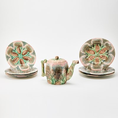 Lot 141 - Griffen, Smith & Hill Etruscan Majolica Shell and Seaweed Pattern Partial Tea Service