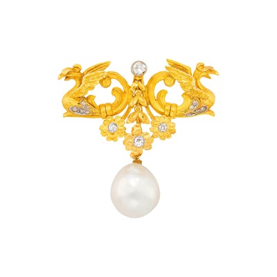 Lot 1193 - Gold, Cultured Pearl and Diamond Griffin Brooch