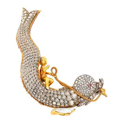 Lot 80 - Antique Silver, Gold, Blister Pearl, Diamond and Ruby Dolphin and Rider Brooch