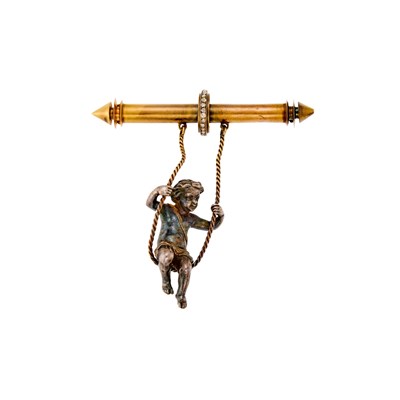 Lot 1077 - Antique Silver, Gold and Diamond Swinging Child Brooch, France