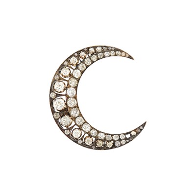 Lot 1076 - Antique Silver, Gold and Diamond Crescent Brooch