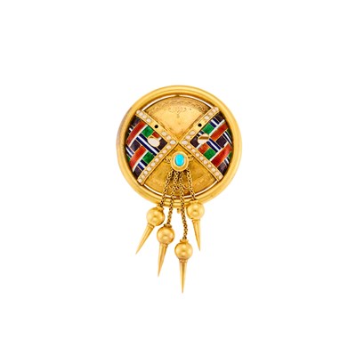 Lot 1065 - Antique Gold, Enamel, Split Pearl and Turquoise Fringe Pendant-Brooch