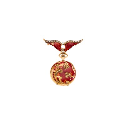 Lot 1088 - Antique Rose Gold, Red Enamel, Split-Pearl and Diamond Lapel-Watch