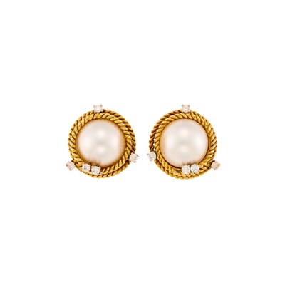 Lot 1034 - Pair of Two-Color Gold, Mabé Pearl and Diamond Earclips