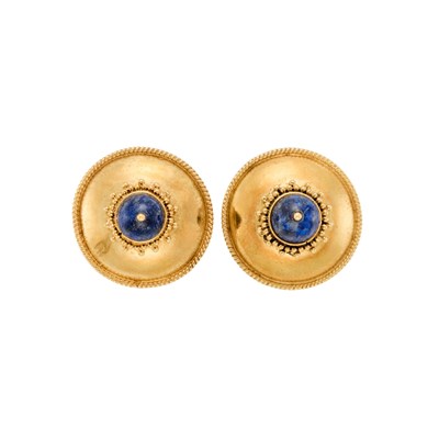 Lot 1241 - Pair of Gold and Lapis Bead Earclips