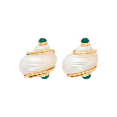 Lot 17 - Seaman Schepps Pair of Gold, Shell and Green Onyx 'Turbo Shell' Earclips