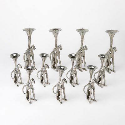 Lot 134 - Eleven Diana Carmichael Pewter Cheetah-Form Candlesticks