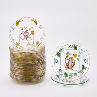 Lot 131 - Set of Twenty-Eight Lynn Chase "Monkey Business" Enameled Glass Dessert Plates