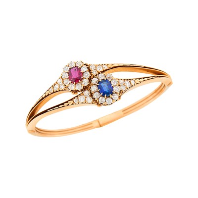 Lot 83 - Antique Gold, Ruby, Sapphire and Diamond Bangle Bracelet