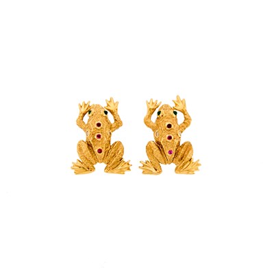Lot 2181 - Pair of Gold, Cabochon Emerald and Ruby and Diamond Frog Earclips