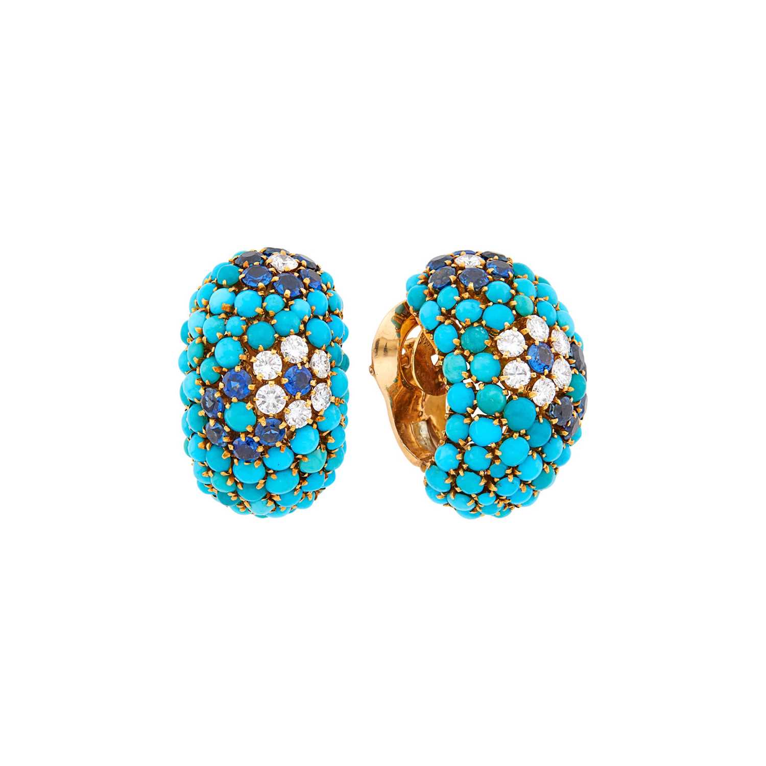 Lot 61 - Van Cleef & Arpels Pair of Gold, Turquoise, Diamond and Sapphire 'Hawaii' Earclips, France