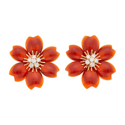 Lot 192 - Van Cleef & Arpels Pair of Gold, Carnelian and Diamond 'Rose de Noel' Earclips, France