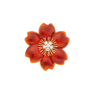 Lot 191 - Van Cleef & Arpels Gold, Carnelian and Diamond 'Rose de Noel' Clip-Brooch, France