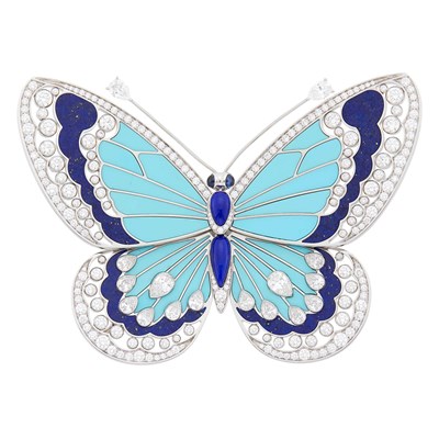 Lot 147 - Van Cleef & Arpels White Gold, Lapis, Turquoise and Diamond Butterfly Clip-Brooch, France