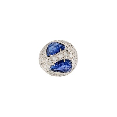 Lot 1146 - White Gold, Carved Sapphire and Diamond Dome Ring