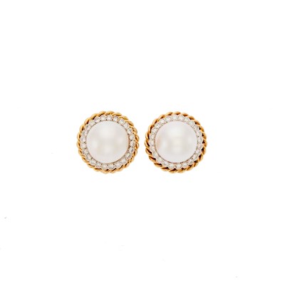 Lot 2180 - Pair of Two-Color Gold, Mabé Pearl and Diamond Earclips