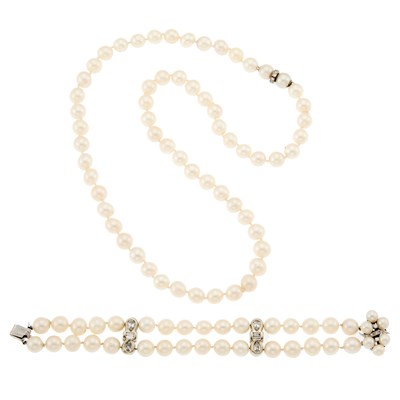 Lot 2116 - Cultured Pearl Necklace and White Gold, Cultured Pearl and Diamond Bracelet