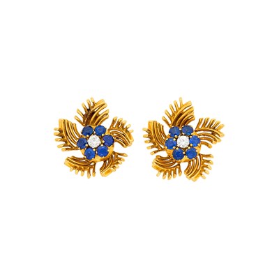 Lot 37 - Gubelin Pair of Gold, Diamond and Sapphire Earclips