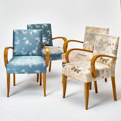 Lot 312 - Set of Four Art Deco Upholstered Fruitwood Armchairs