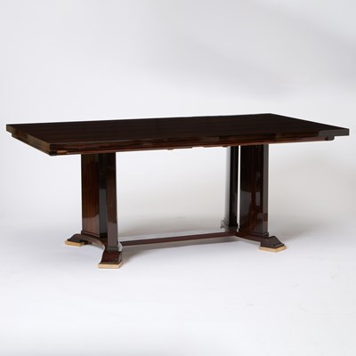 Lot 310 - After Jules LeLeu Art Deco Macassar Ebony Draw Leaf Dining Table