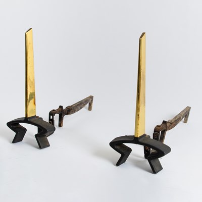 Lot 347 - Pair of Donald Deskey Brass and Iron Andirons