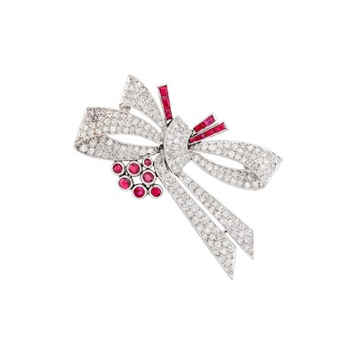 Lot 91 - Platinum, Diamond and Ruby Bow Brooch