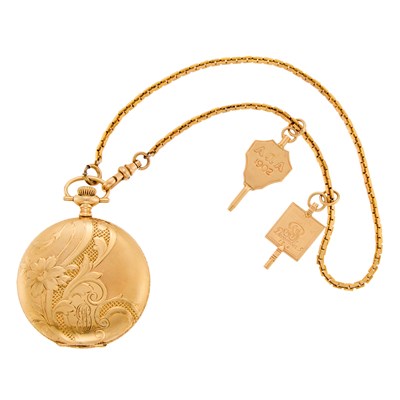 Lot 1219 - Elgin Gold Pocket Watch and Low Karat Gold Charms and Chain