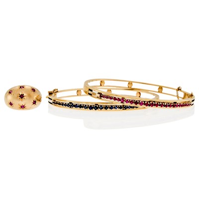 Lot 1234 - Pair of Gold Bangle Bracelets and Ruby and Gold Dome Ring