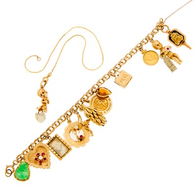 Lot 1253 - Gold, Low Karat Gold and Gold-Filled Charm Bracelet with Ruser Gold Charm and Chain Bracelet