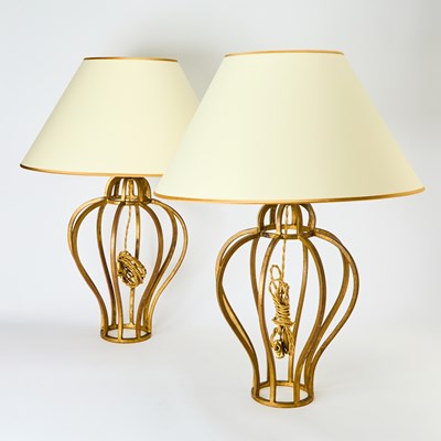 Lot 330 - Attributed to Jean Royere Gilt-Iron "Cage" Table Lamps