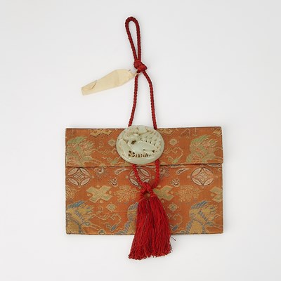 Lot 59 - A Chinese Brocade Silk Pouch and a Jade Buckle