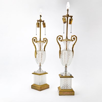 Lot 150 - Pair of French Empire Style Gilt Metal and Cut-Glass Table Lamps