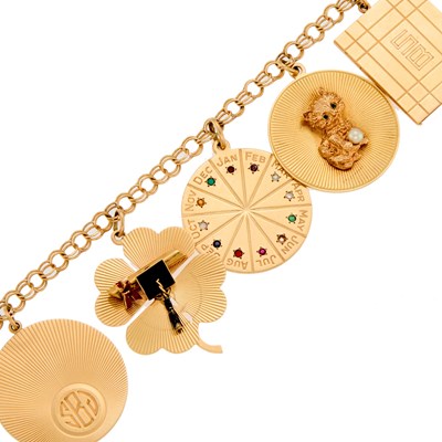 Lot 1055 - Gold and Gem-Set Charm Bracelet