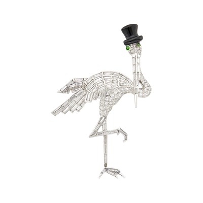 Lot 64 - Platinum, Diamond, Demantoid Garnet and Black Enamel Stork Brooch