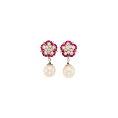 Lot 1112 - Pair of Platinum, Gold, Ruby, Diamond, and Cultured Pearl Pendant-Earclips