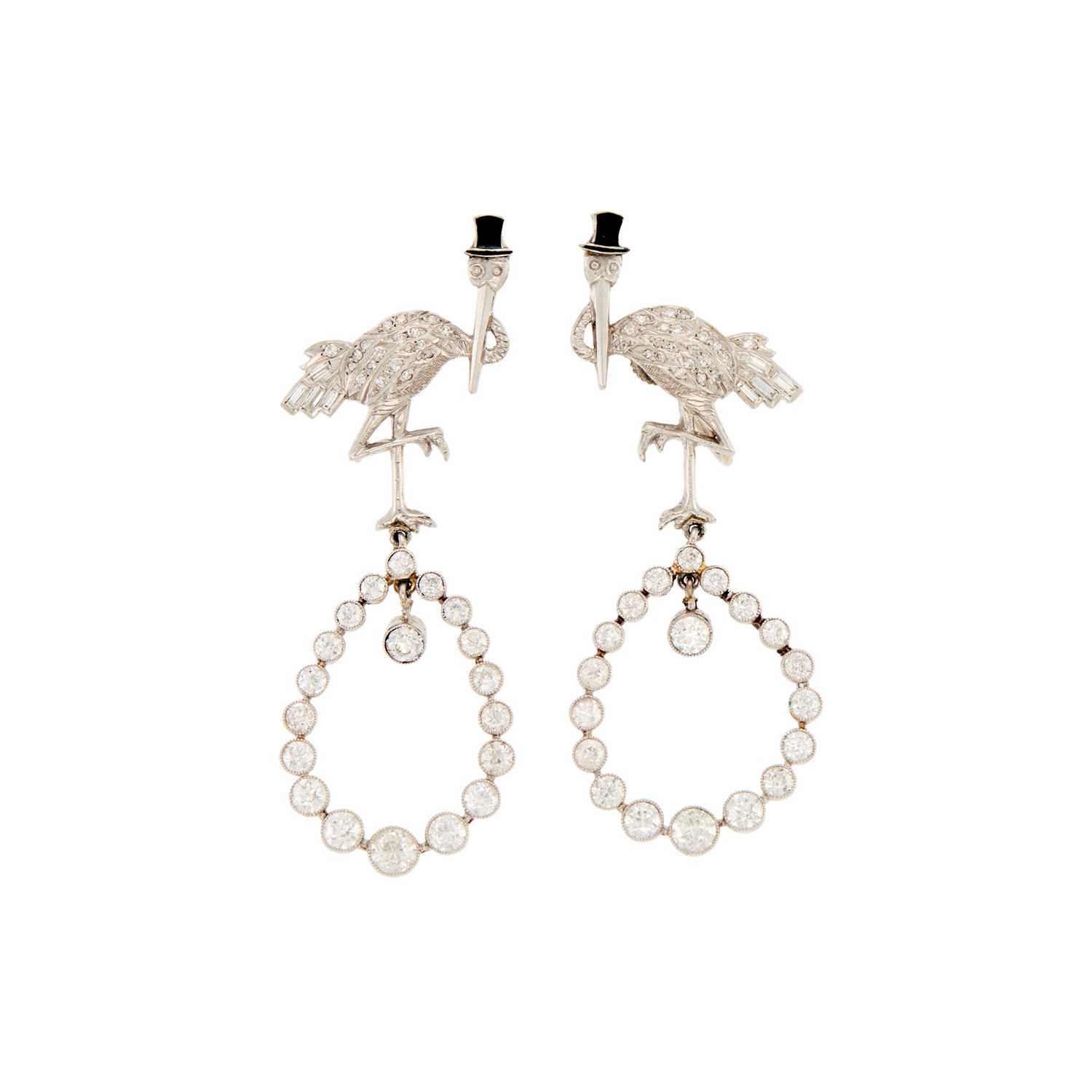 Lot 1118 - Pair of Platinum, Black Onyx, and Diamond Stork Pendant-Earclips