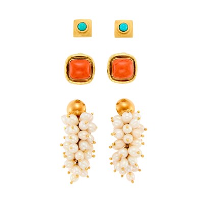 Lot 1190 - Three Pairs of Gold, Coral, Turquoise and Freshwater Pearl Earrings