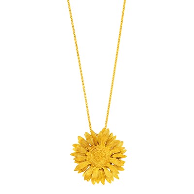 Lot 7 - Asprey Gold Sunflower Pendant Clip-Brooch with Gold Chain Necklace