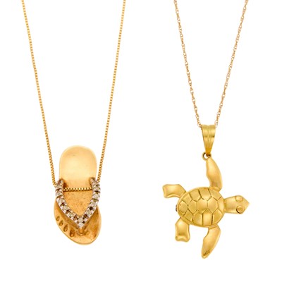 Lot 1202 - Gold and Diamond Flip-Flop Pendant and Sea Turtle Pendant with Chain Necklaces