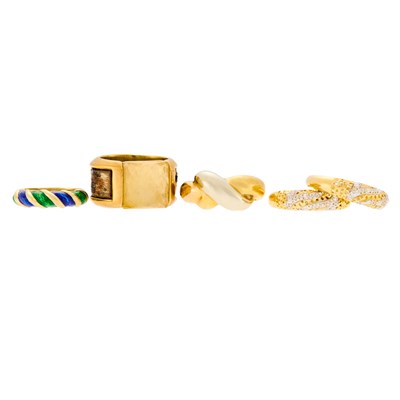 Lot 1277 - Four Gold Band Rings and Gilt-Metal, Rutilated Quartz and Cowhide Band Ring