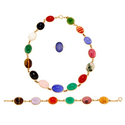 Lot 1197 - Gold and Colored Stone Scarab Necklace, Bracelet and Ring