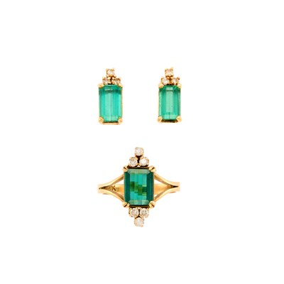 Lot 1203 - Gold, Tourmaline and Diamond Ring and Pair of Earrings