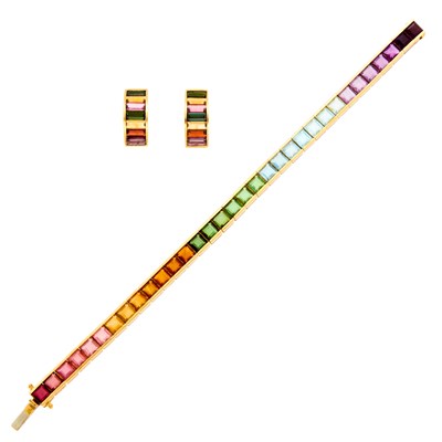 Lot 1205 - Gold and Colored Stone Bracelet and Pair of Earrings