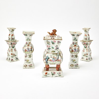 Lot 453 - A Chinese Enameled Porcelain Five-Piece Miniature Garniture