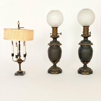 Lot 1073 - Pair of Bronze Table Lamps and a Five Light Buillotte Lamp