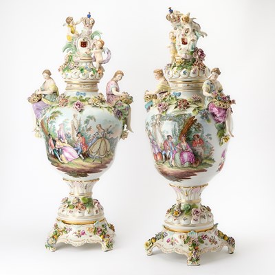 Lot Pair of Monumental German Porcelain Three-Section Lidded Presentation Vases