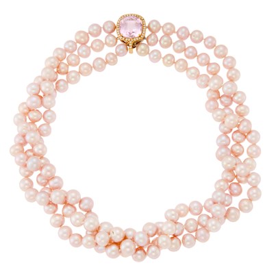 Lot 1032 - Multistrand Pink Freshwater Pearl Necklace with Gold, Kunzite and Diamond Clasp