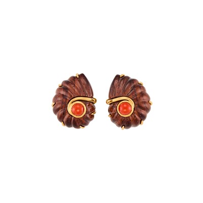 Lot 1016 - Trianon Pair of Gold, Carved Wood and Coral Earclips