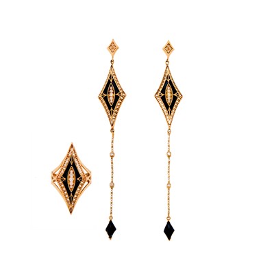 Lot 1259 - Gold, Black Enamel and Diamond Ring and Pair of Black Enamel, Black Onyx and Diamond Pendant-Earrings